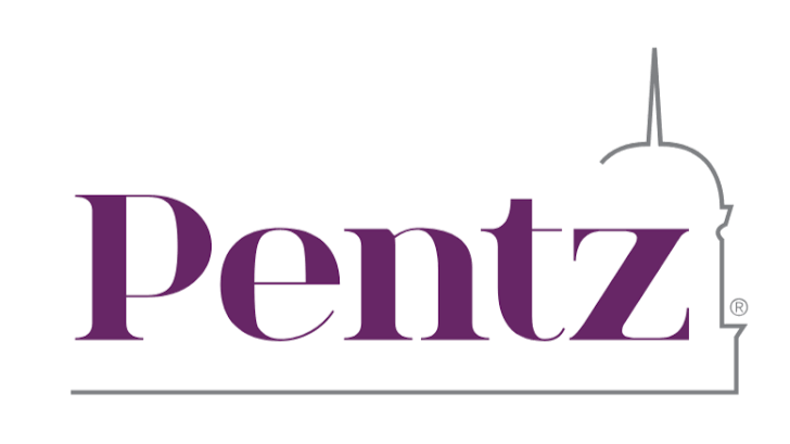 Pentz logo in purple text with a stylized outline of a building or tower on the right