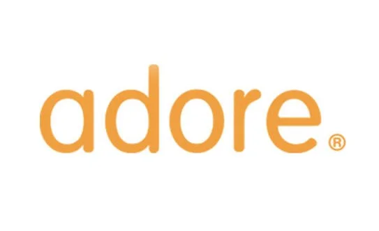The image features the word 'adore' written in lowercase orange letters on a white background.