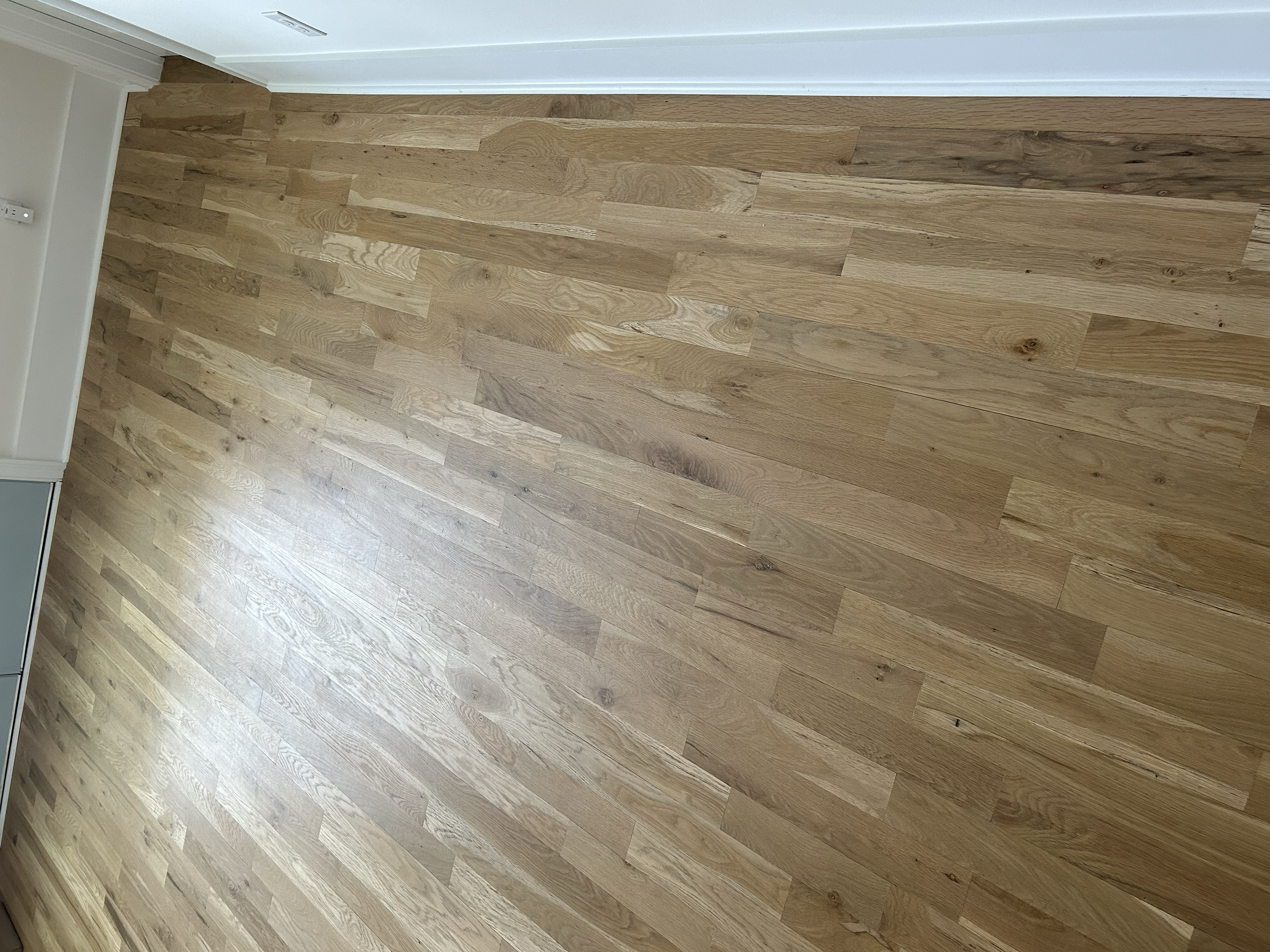 Wooden flooring in a room with a grey door, white walls, and electrical outlets.