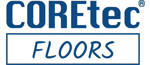 Logo for COREtec Floors with the company name in bold blue letters and the word 'FLOORS' in a handwritten style within a rectangle.