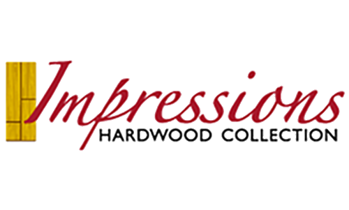 Logo for Impressions Hardwood Collection with a gold vertical stripe on the left and the words 'Impressions' in red script and 'Hardwood Collection' in black uppercase letters.