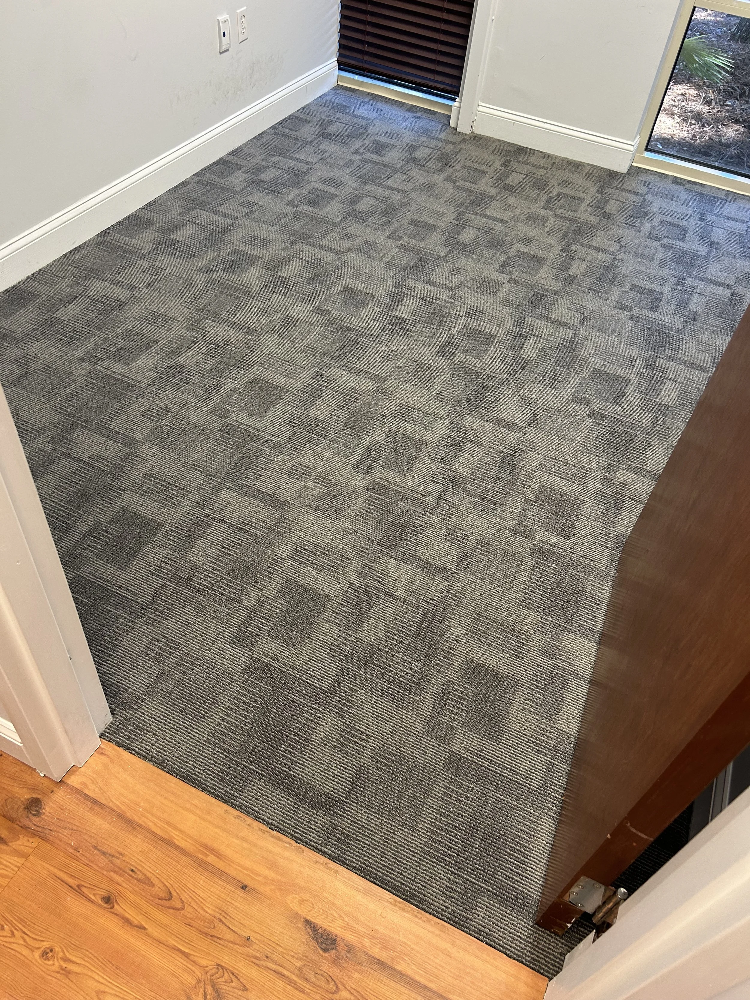 A room corner with a dark wood door, a window with brown horizontal blinds, a wall with electrical outlets, a baseboard, a gray patterned carpet, and a wooden floor at the bottom of the image.