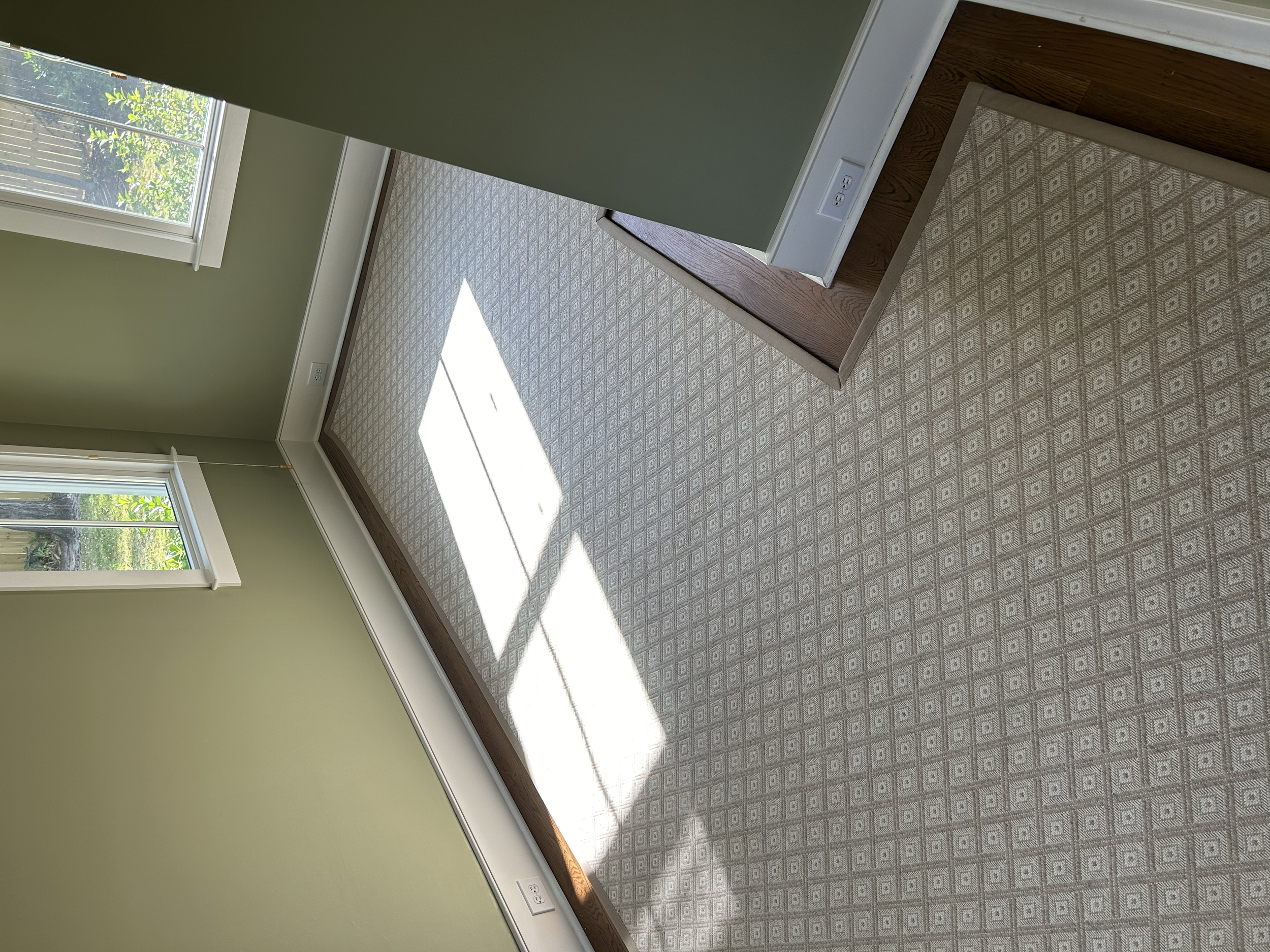 Empty room with light green walls, patterned carpet, two windows, electrical outlets, and wooden baseboards.