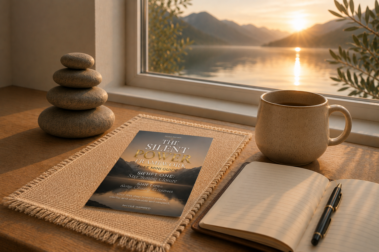 Silent Power Mini Guide beside stacked stones overlooking a peaceful mountain lake.