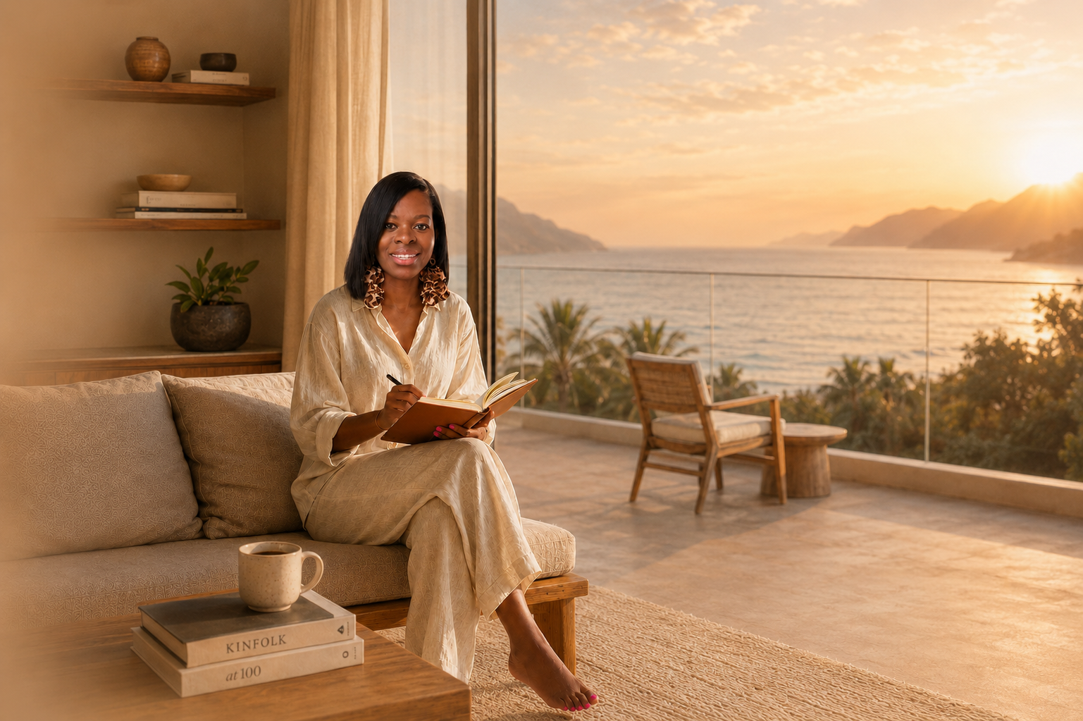 Nicole Inspired creator seated with a journal in a warm, peaceful setting.