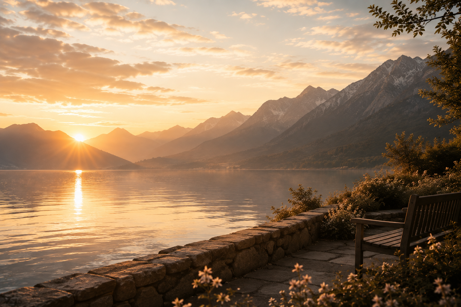 Peaceful mountain lake at sunrise with golden light reflecting across the water.