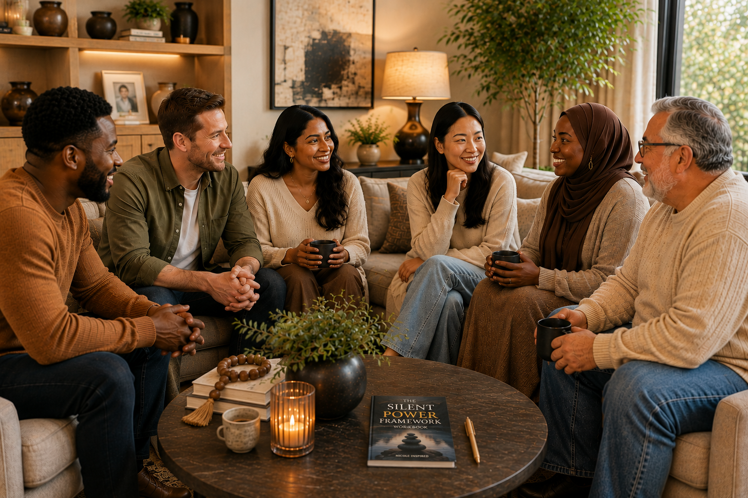 A diverse group of adults gathered together in conversation.