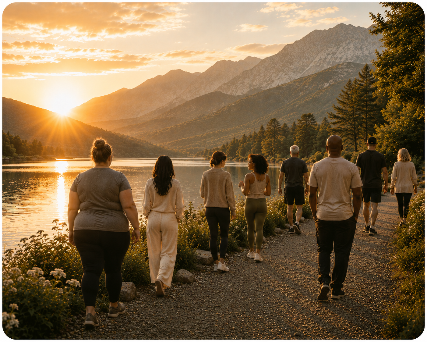 Three adults walking beside a peaceful mountain lake at sunrise.