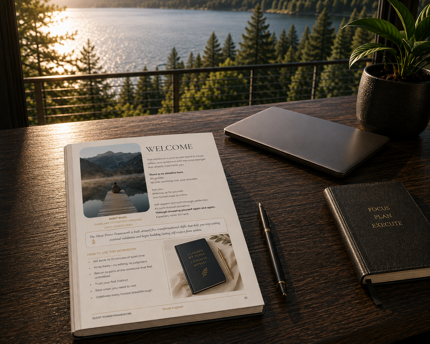 Silent Power workbook open on a desk beside a journal and laptop.