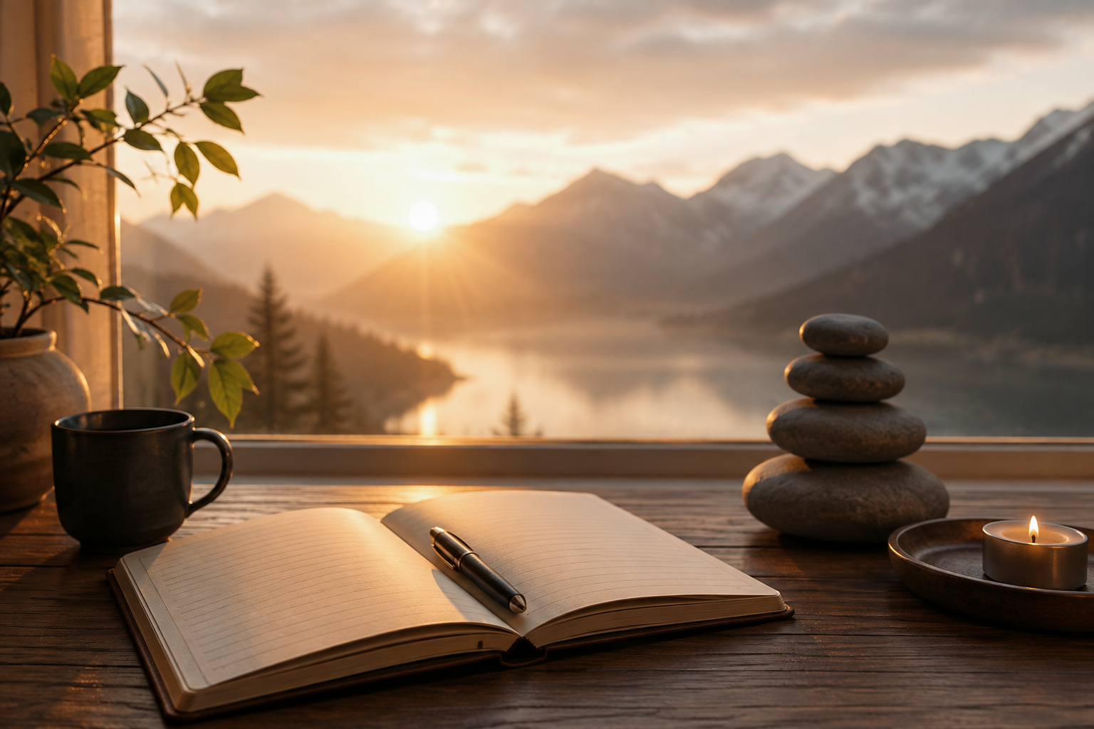 Open journal and pen beside a window overlooking mountains at sunrise.