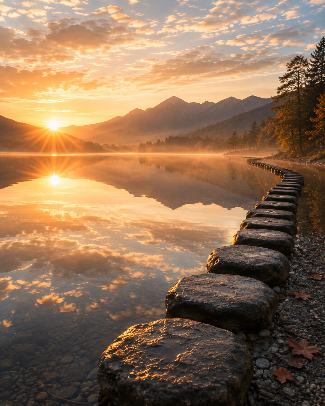 Stepping stones along a peaceful mountain lake at sunrise.