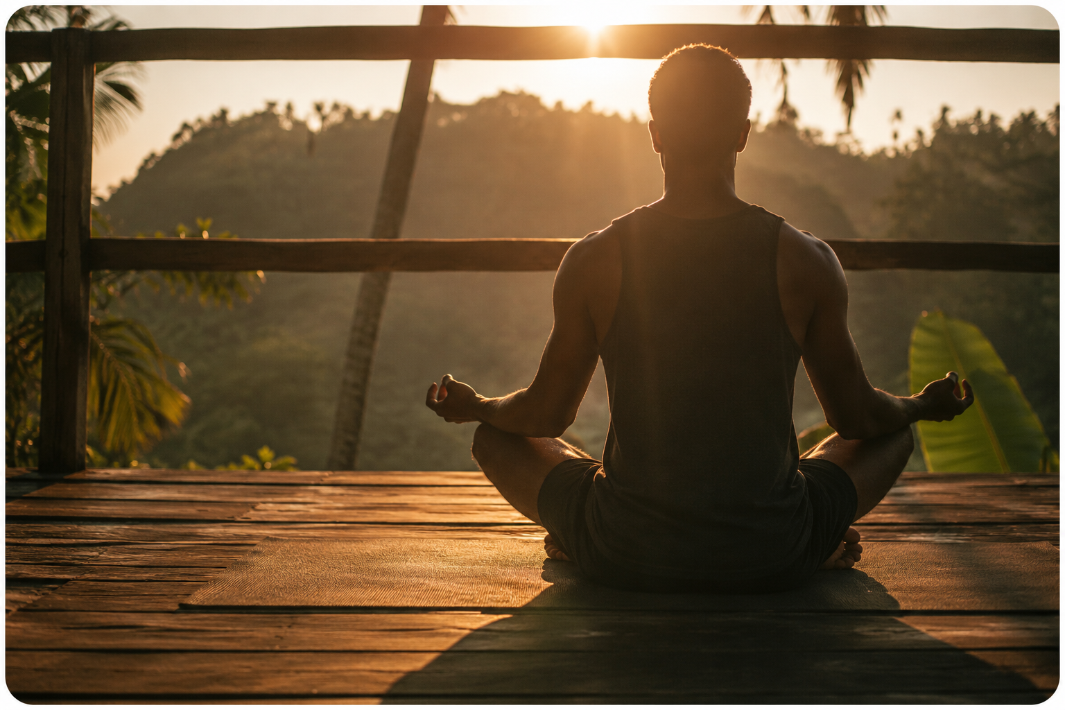 Person meditating peacefully outdoors at sunrise.