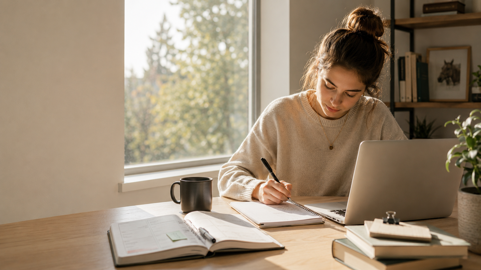 Young adult working calmly at desk