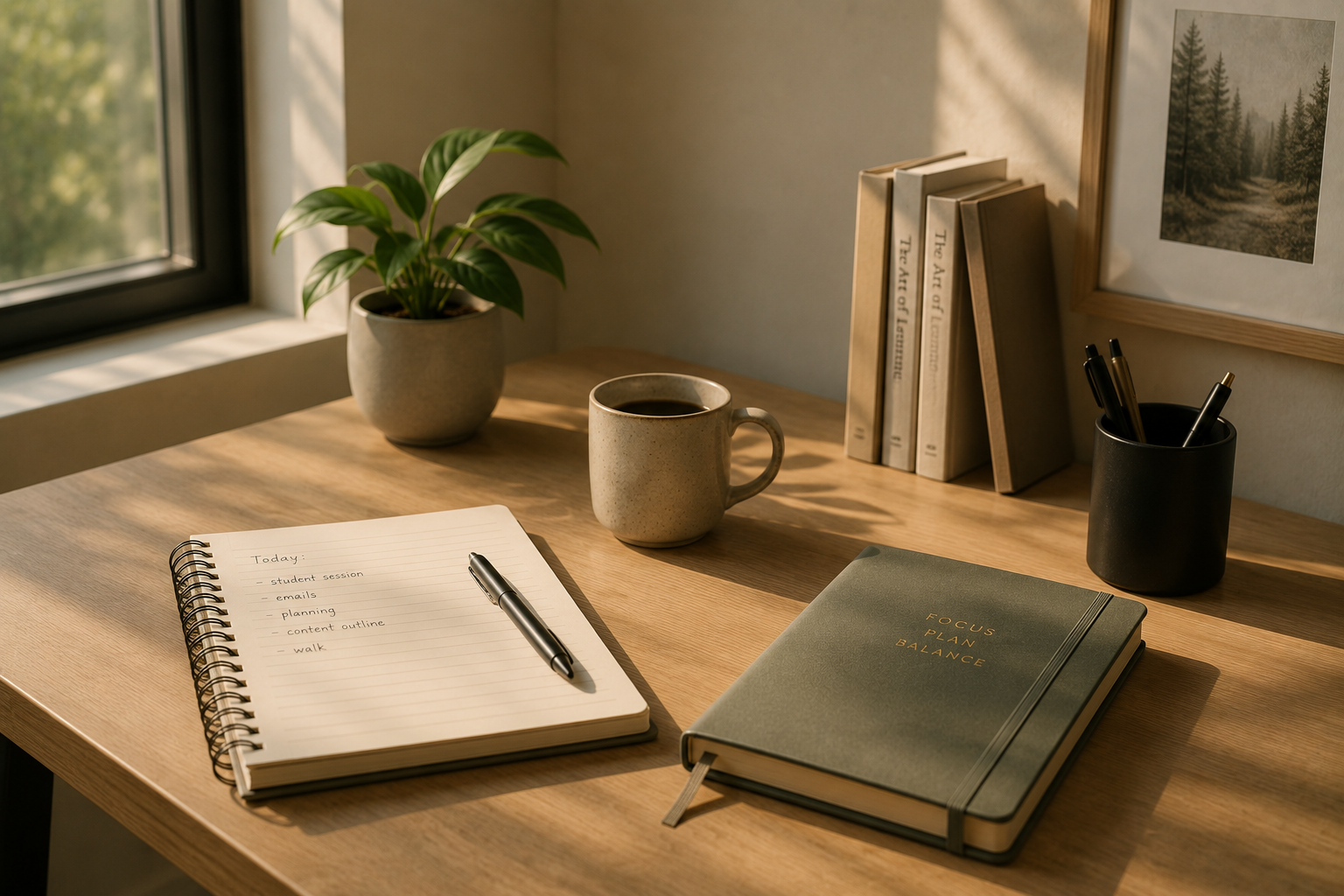 Serene work space with plant, notebook, coffee, & books