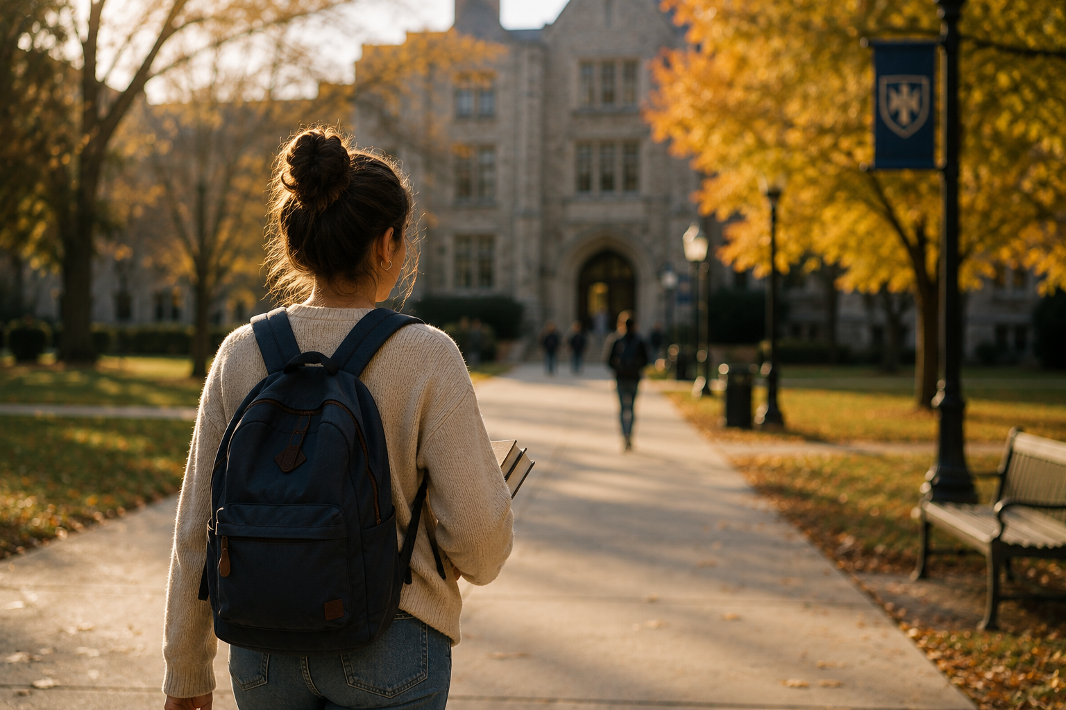 Female college student walking on campus in the fall