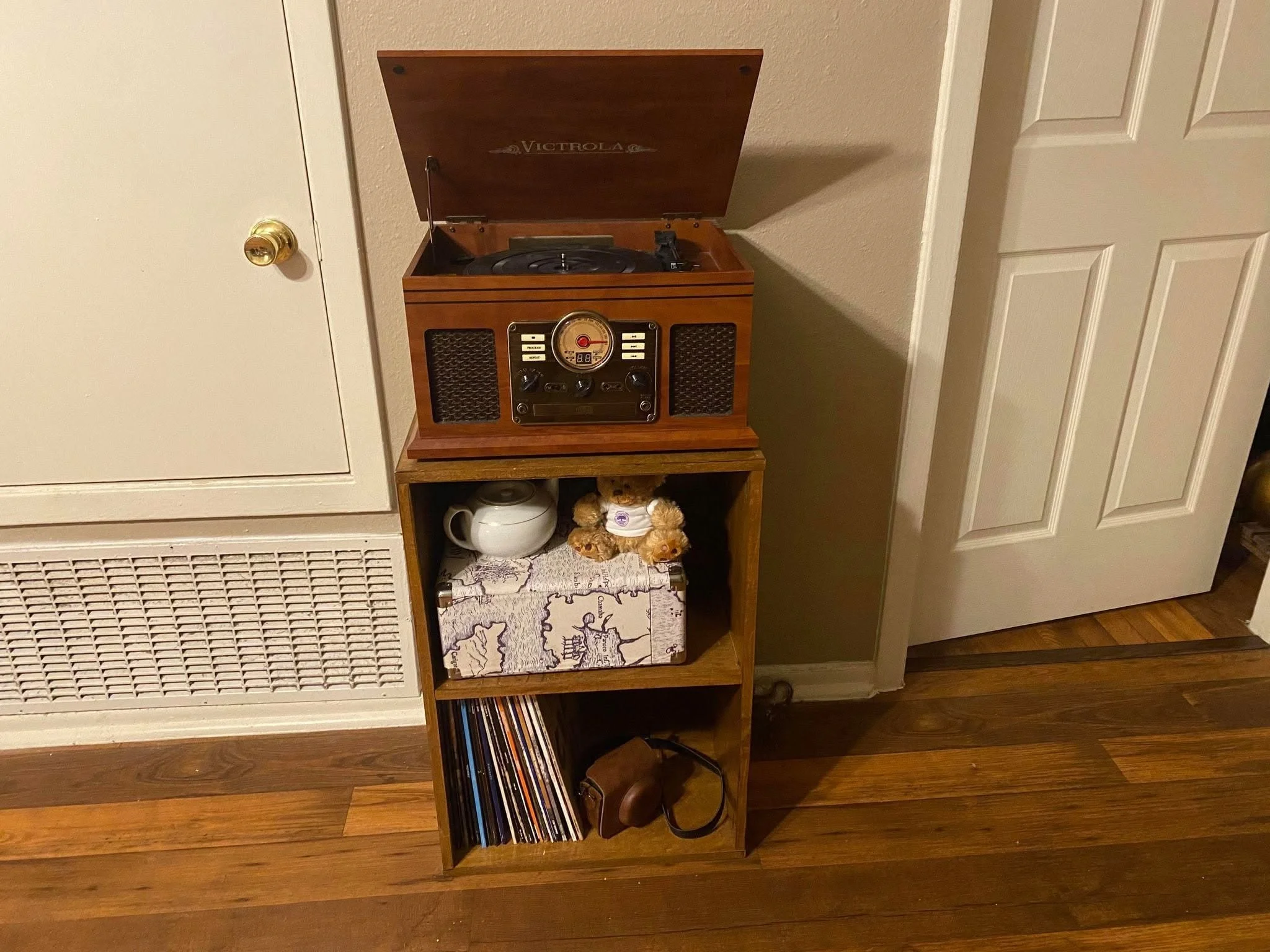 Custom built record player table with storage