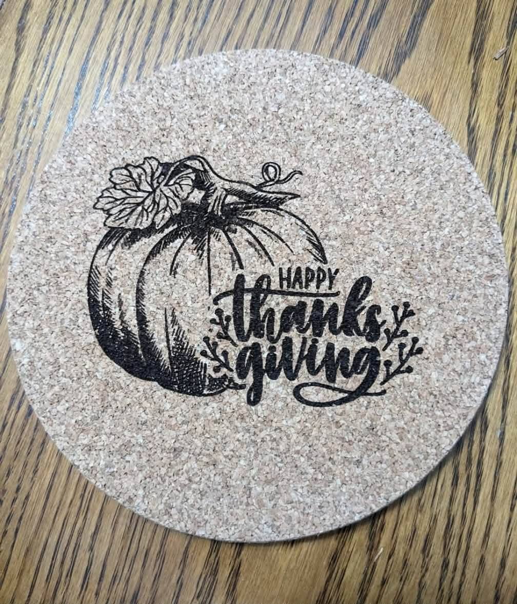 Thanksgiving Cork Trivet with Lasered Festive Design