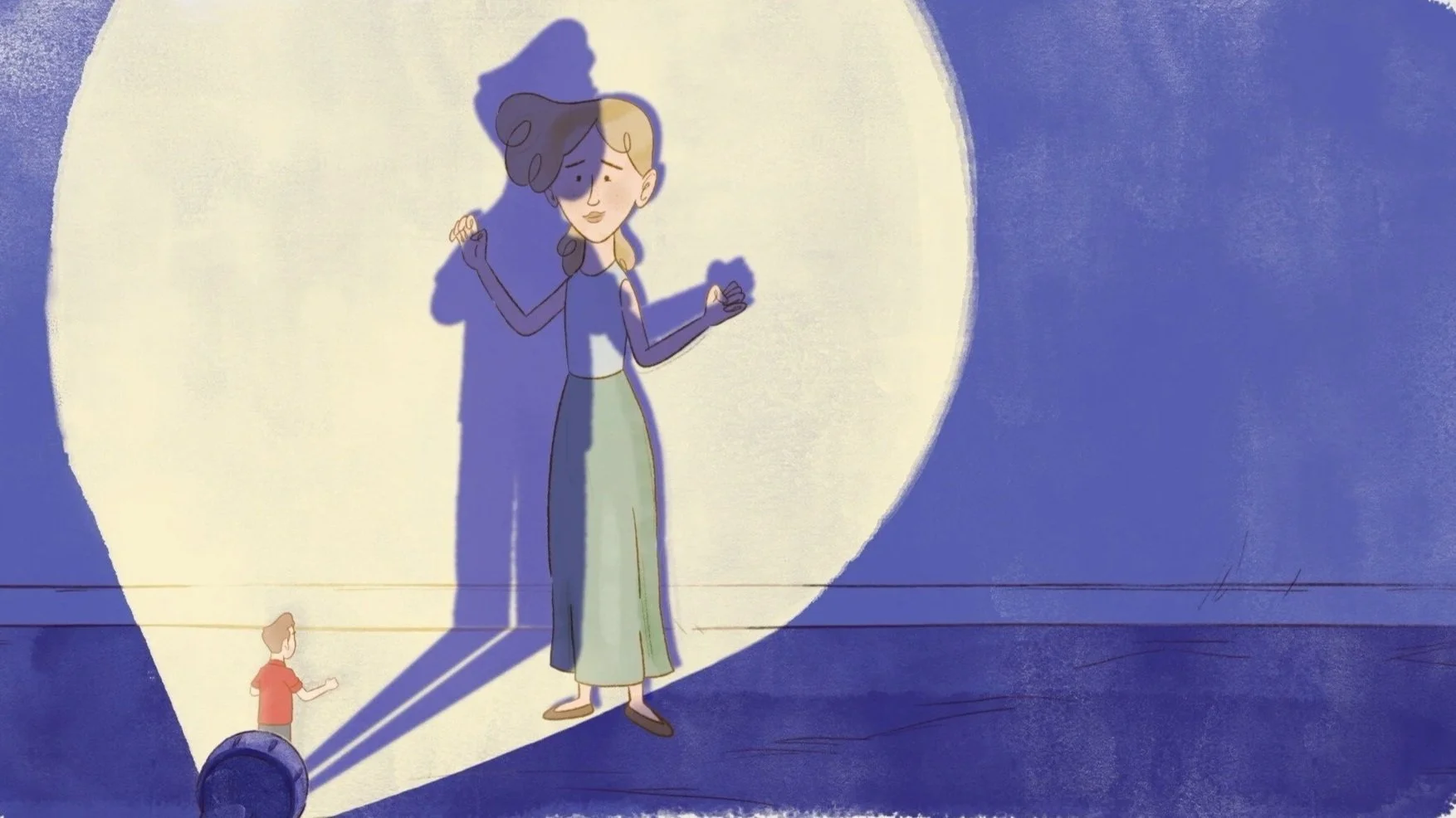 Animated illustration of a woman standing dancing with the shadow of her husband who is tiny and stands in front of a torch.