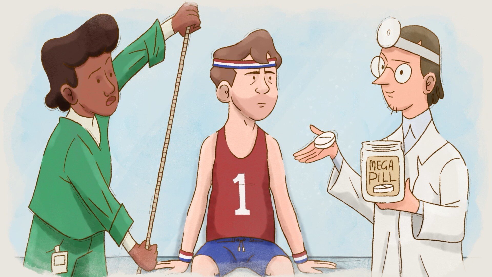 Animated scene depicting a medical professional holding a jar labeled 'Mega Pill' and a spoon, presenting it to a shrinking man wearing a headband and sports attire, with two other individuals standing nearby, one holding a measuring tape.