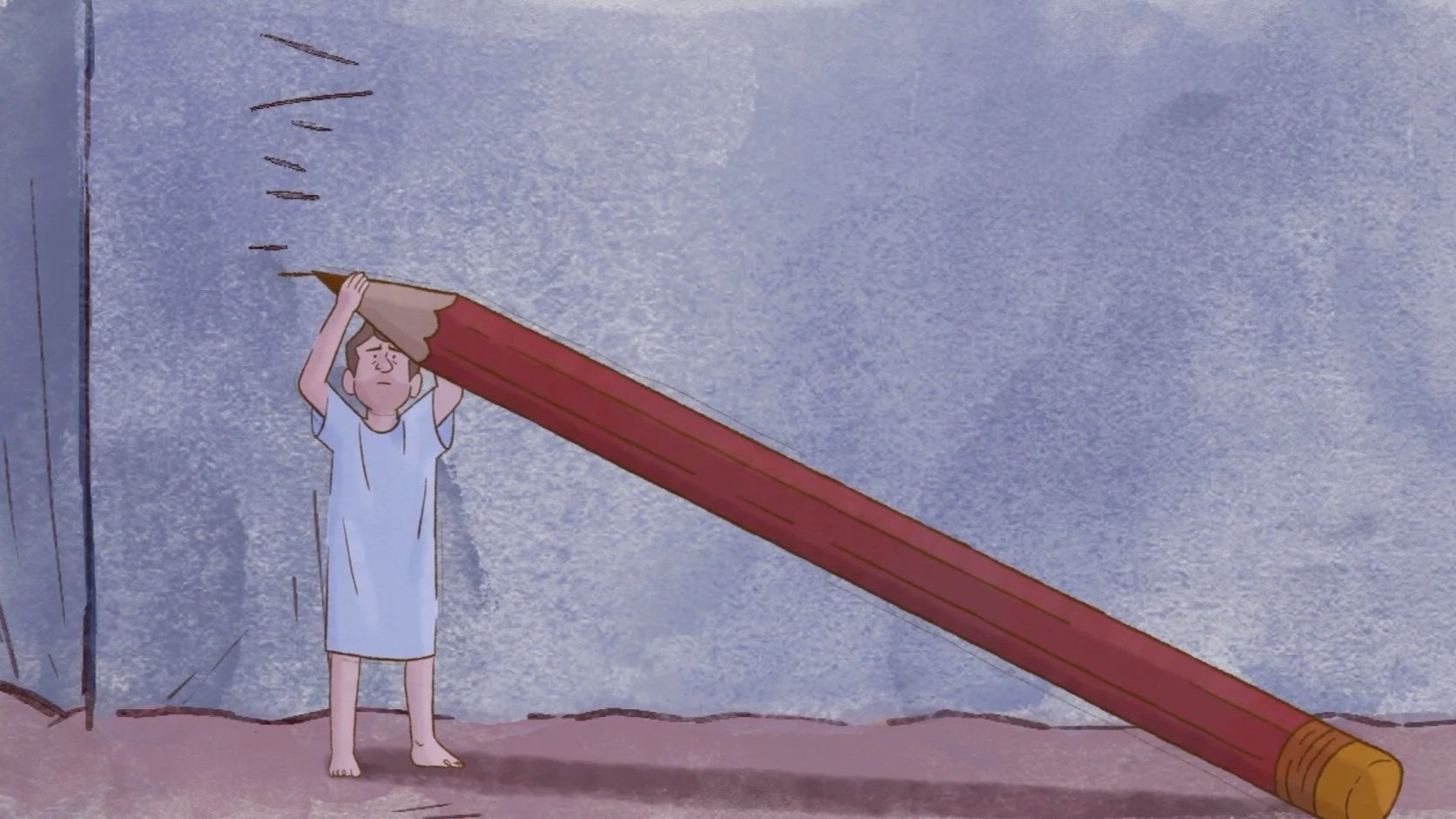 A cartoon drawing of a person in a white T-shirt and shorts holding a giant red pencil over their head, with small marks indicating the pencil's tip, standing on a pinkish-brown floor against a textured blue wall.