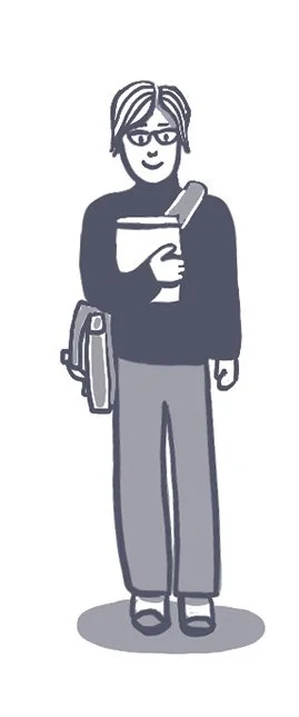 An illustration of Anne Taylor holding a notebook and a coffee cup, standing with a backpack on one shoulder and ready to do live illustration at your event.