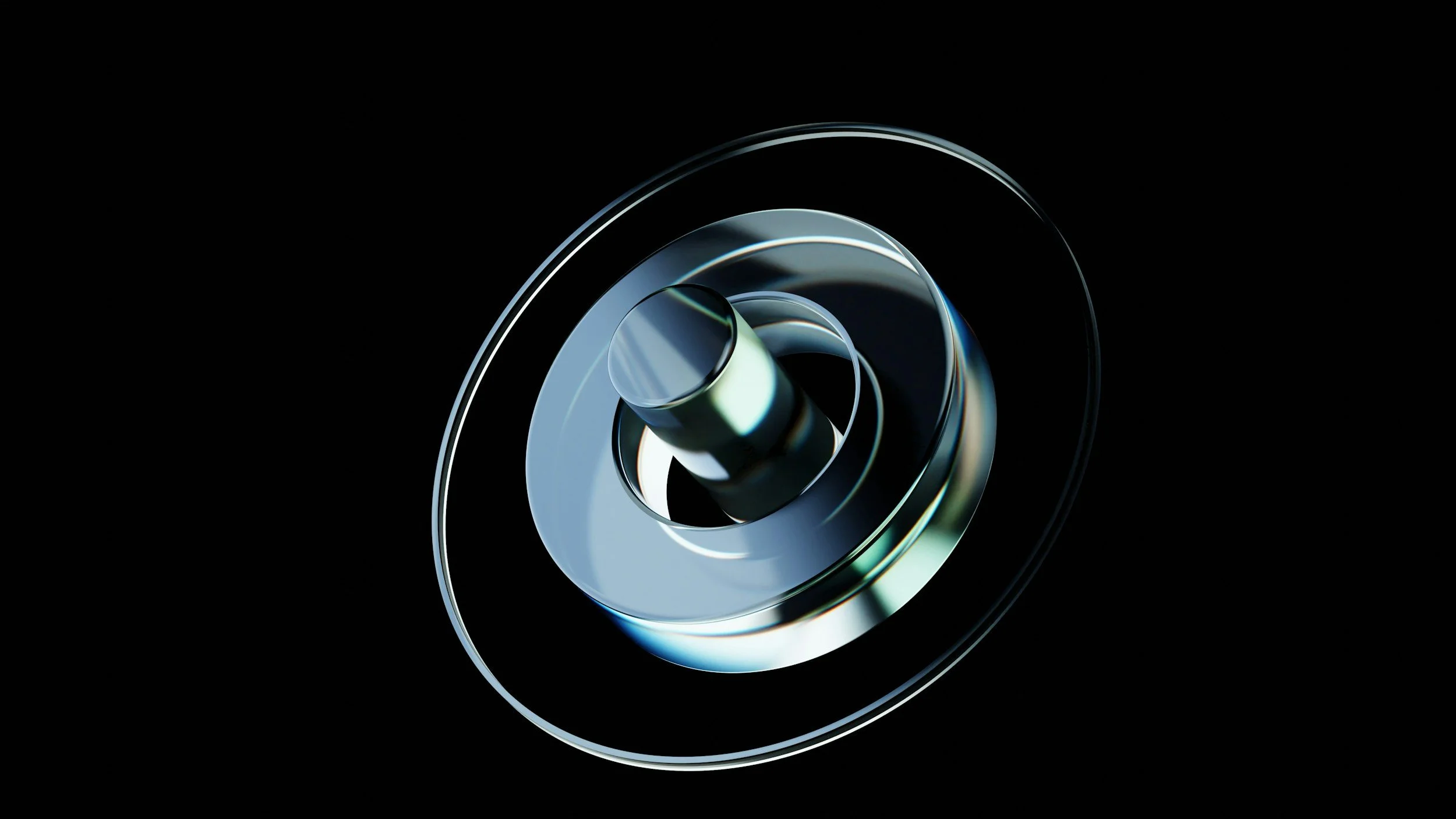 A close-up view of a metallic spiral or vortex against a black background with reflective surfaces.