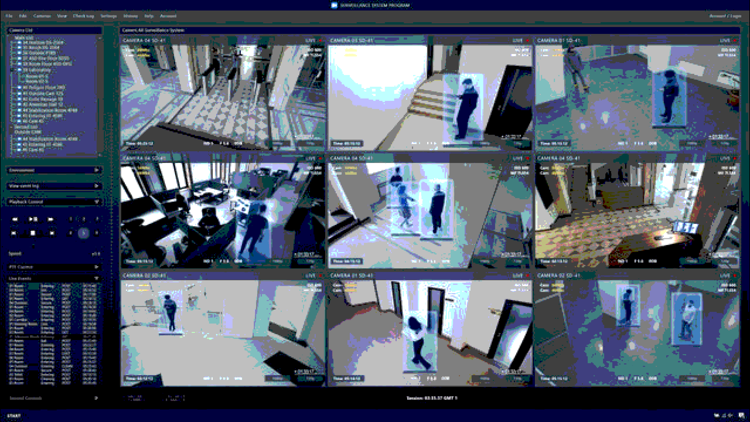 Security camera monitor display showing multiple live feeds of different areas inside a building, including hallways, staircases, and a lobby with people walking and interacting.