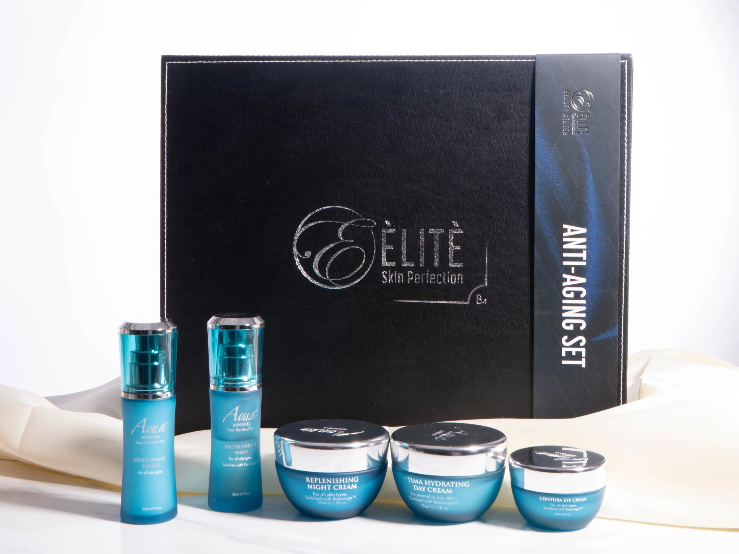 Aqua Mineral anti-aging skincare collection with four blue bottles and creams arranged beside an Elite Skin Perfection box.