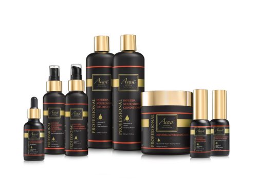 Collection of hair care products including bottles and jars with black and gold packaging, labeled for nourishing and professional use.