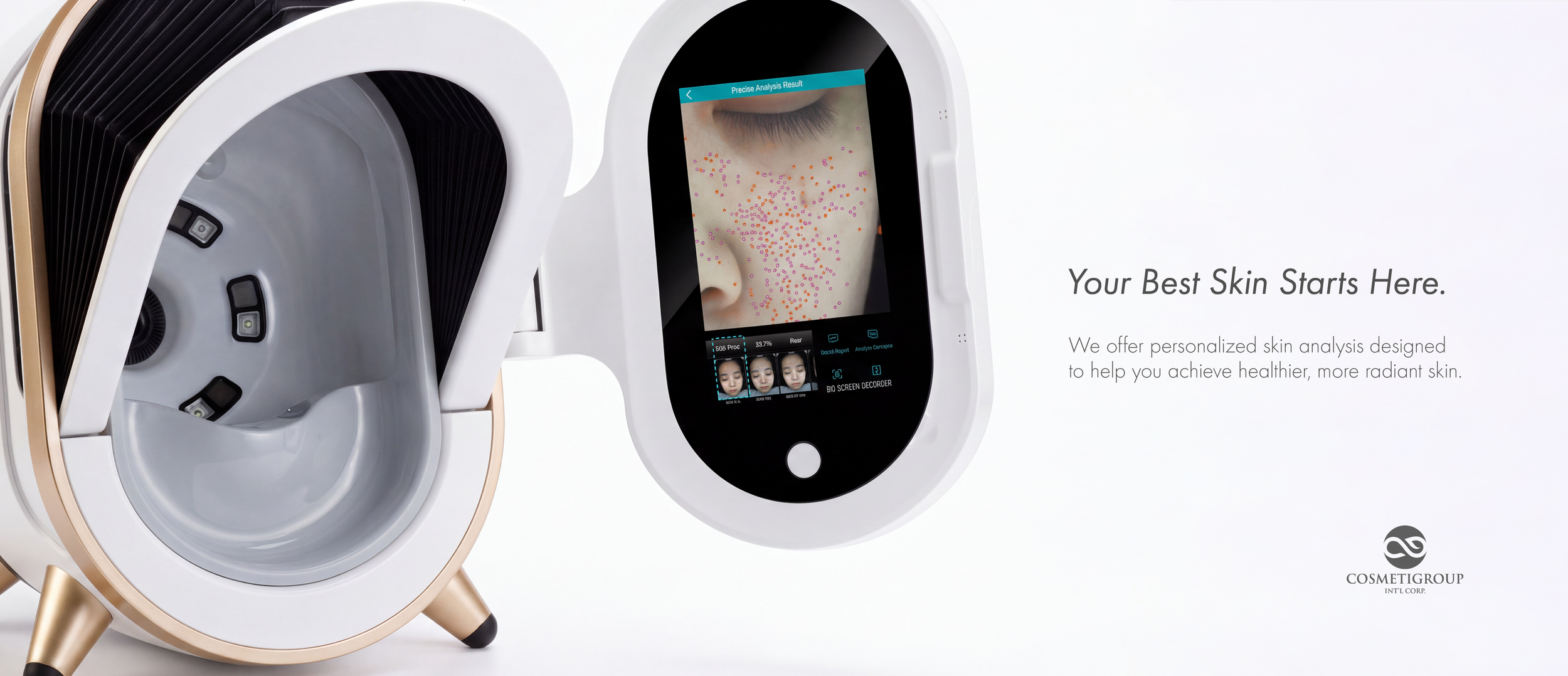 A skin analysis device with a screen showing facial images and skin dots, alongside text promoting personalized skin analysis for healthier skin.
