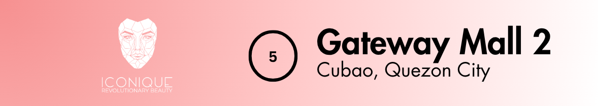 Pink banner with a white line drawing of a woman's face at the top left and the text 'ICONIQUE Revolutionay Beauty'. To the right, the number 5 inside a circle, followed by the bold text 'Gateway Mall 2' and smaller text 'Cubao, Quezon City'.