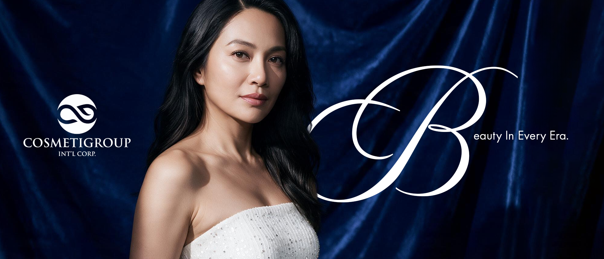 A woman with long black hair in a white strapless top standing in front of a dark blue backdrop with silky texture, with the logo of Cosmietgroup and stylized letter B and the text "Beauty In Every Era."