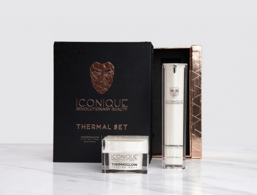 Iconique Revolutionnary Beauty Thermal Set includes a box, a jar, and a spray bottle, displayed on a marble surface.