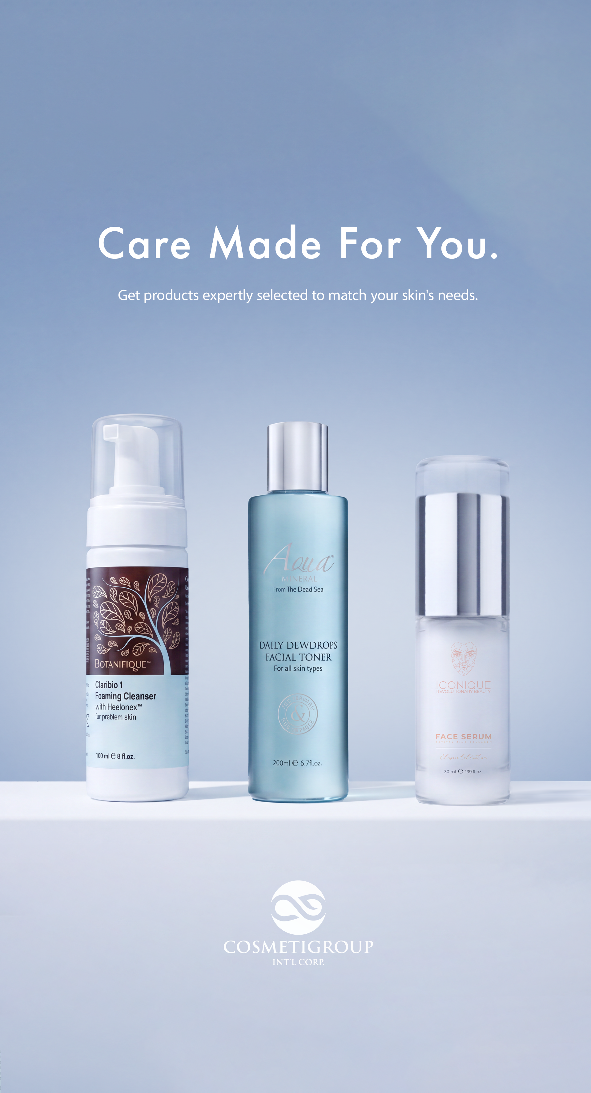 Three skincare products on a light blue background with the text "Care Made For You" and "Get products expertly selected to match your skin's needs". The products include a foaming cleanser, a facial toner, and a face serum.