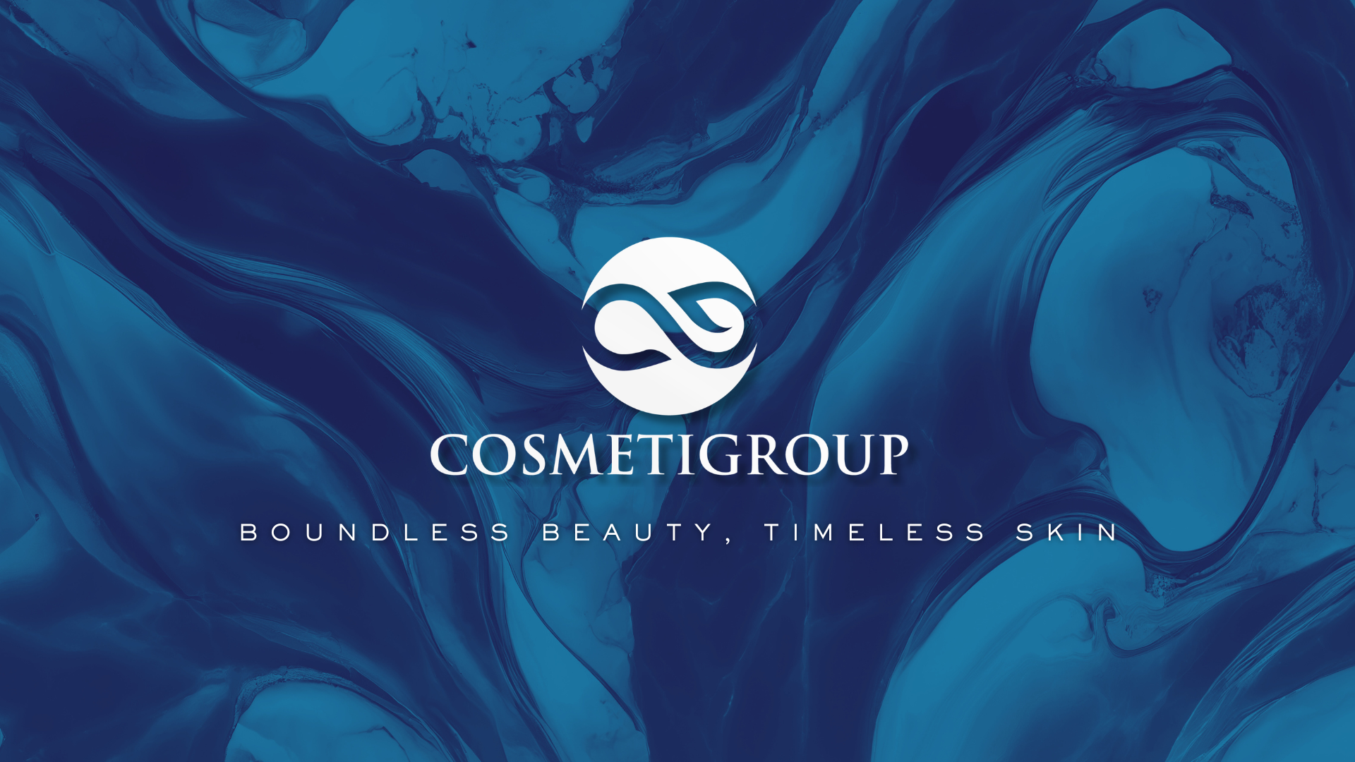 Blue abstract background with white logo of a stylized wave and the text 'COSMETIGROUP', 'BINDLESS BEAUTY, TIMELESS SKIN' underneath.