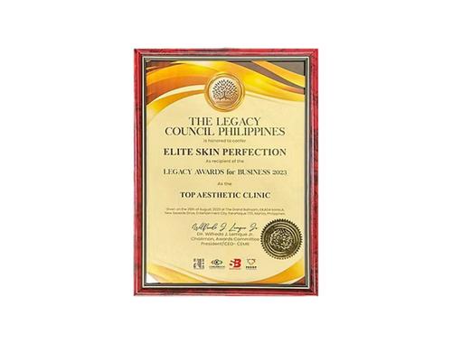 Certificate from The Legacy Council Philippines recognizing Elite Skin Perfection at the Legacy Awards for Business 2023, presented at Top Aesthetic Clinic.