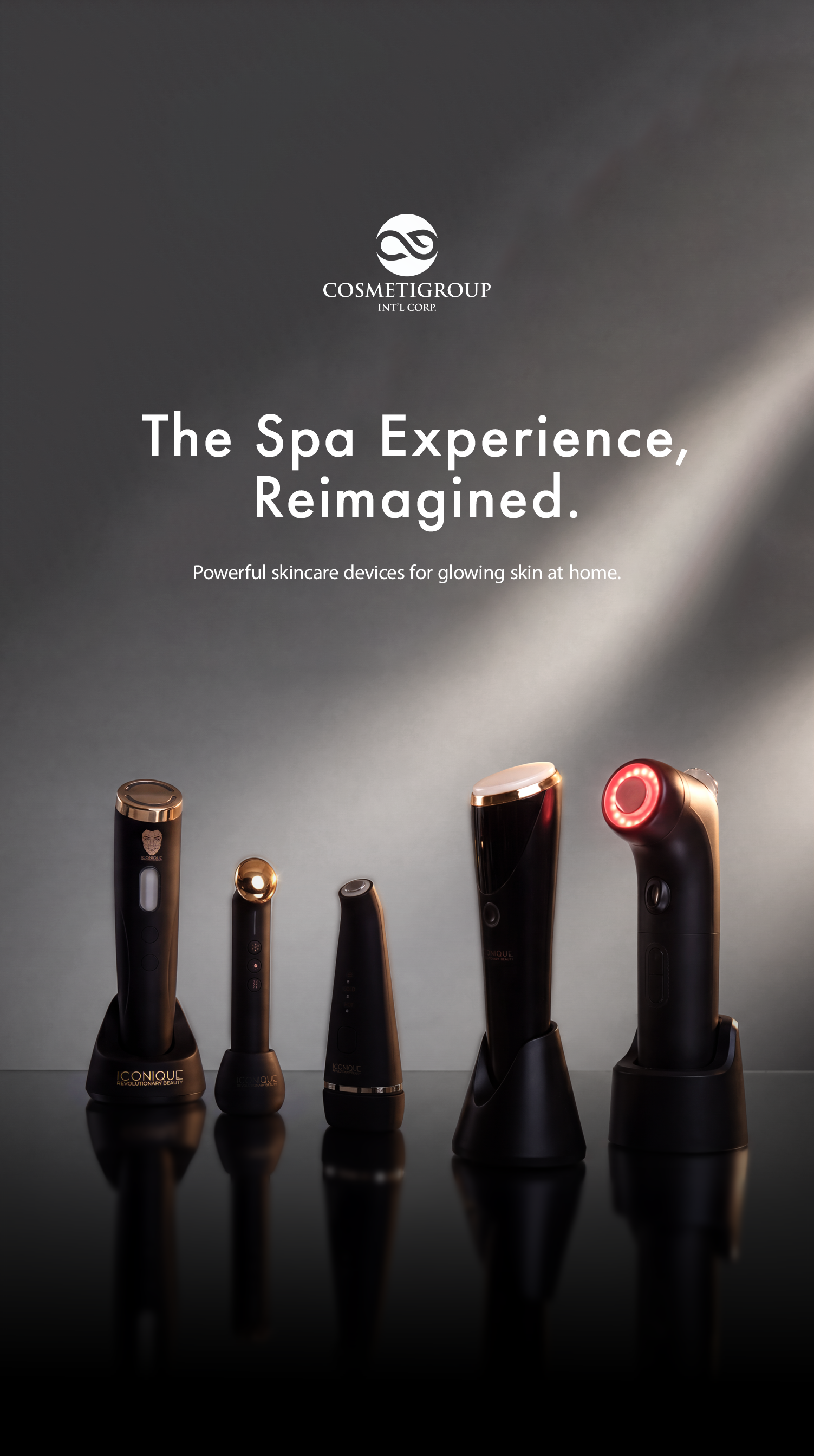 A promotional image showing five different skincare devices from the brand Iconique, displayed in a row on a reflective surface against a gradient background with the text 'The Spa Experience, Reimagined.' and 'Powerful skincare devices for glowing skin at home.' at the top.