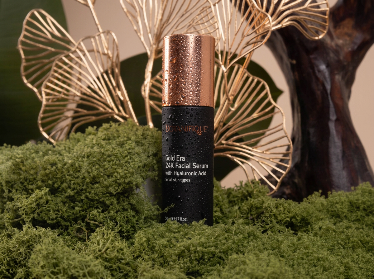 Botanifique Gold Era 24K Facial Serum with Hyaluronic Acid displayed among green moss and botanical elements.