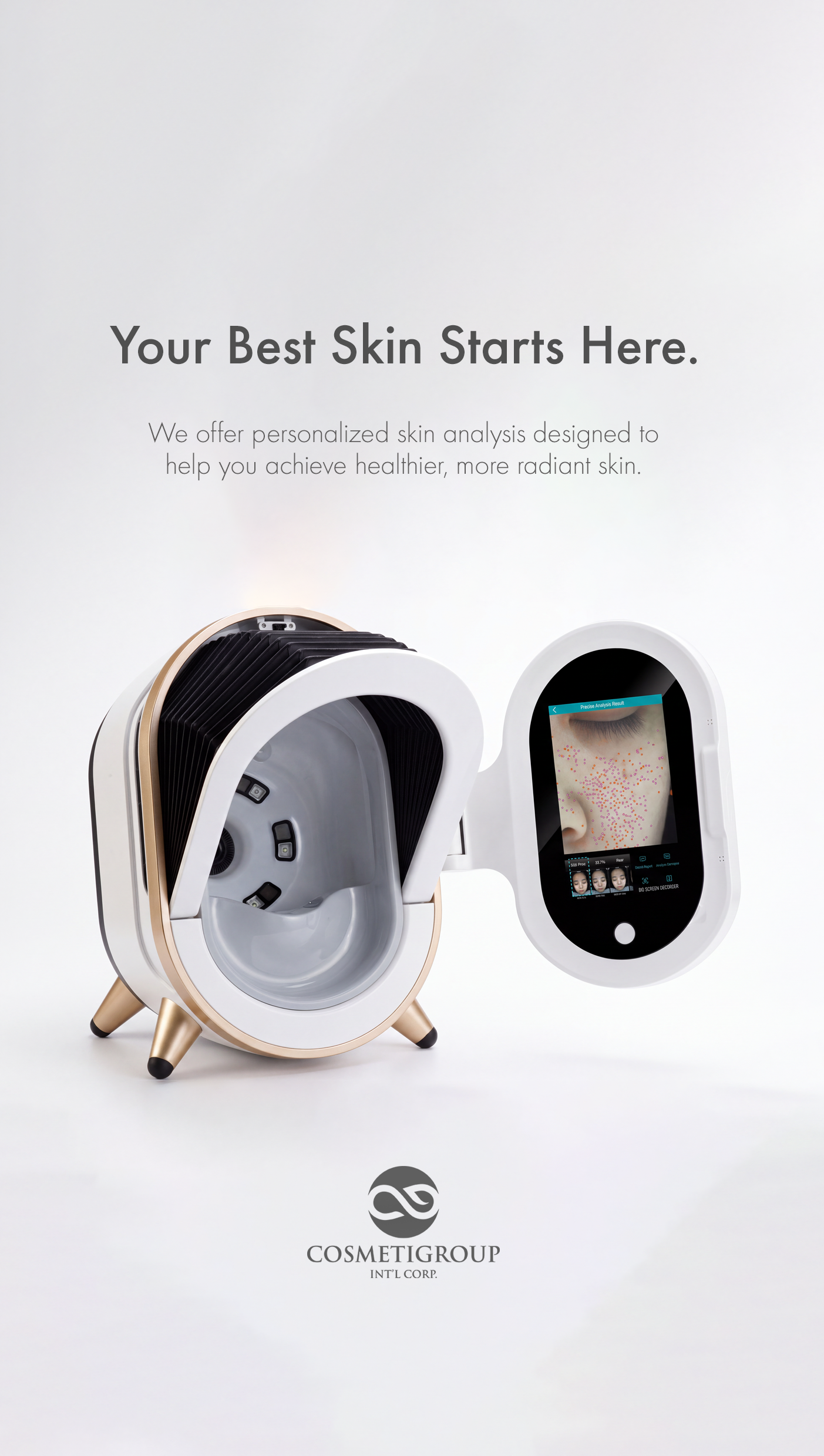 A piece of skincare equipment with a digital screen displaying a close-up of skin with colorful dots. The device has a modern design with a white and gold color scheme, and the screen shows a detailed skin analysis. The text on the image reads "Your Best Skin Starts Here" and describes personalized skin analysis services provided by Cosmic Group.