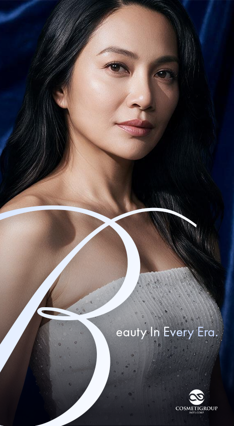 A woman with long black hair, wearing a white strapless dress, looking at the camera with a subtle smile, against a dark blue background, with the text 'Beauty In Every Era' and the logo of Cosmétique Group.