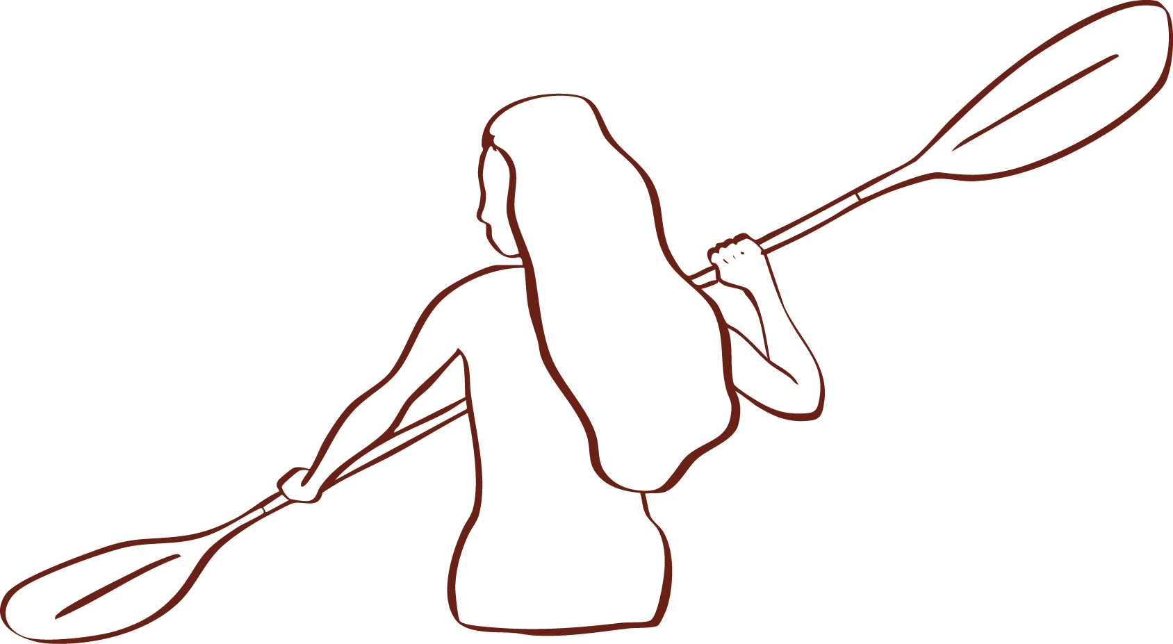 Line drawing of a woman holding a double-ended paddle, seen from behind with her hair flowing down her back.