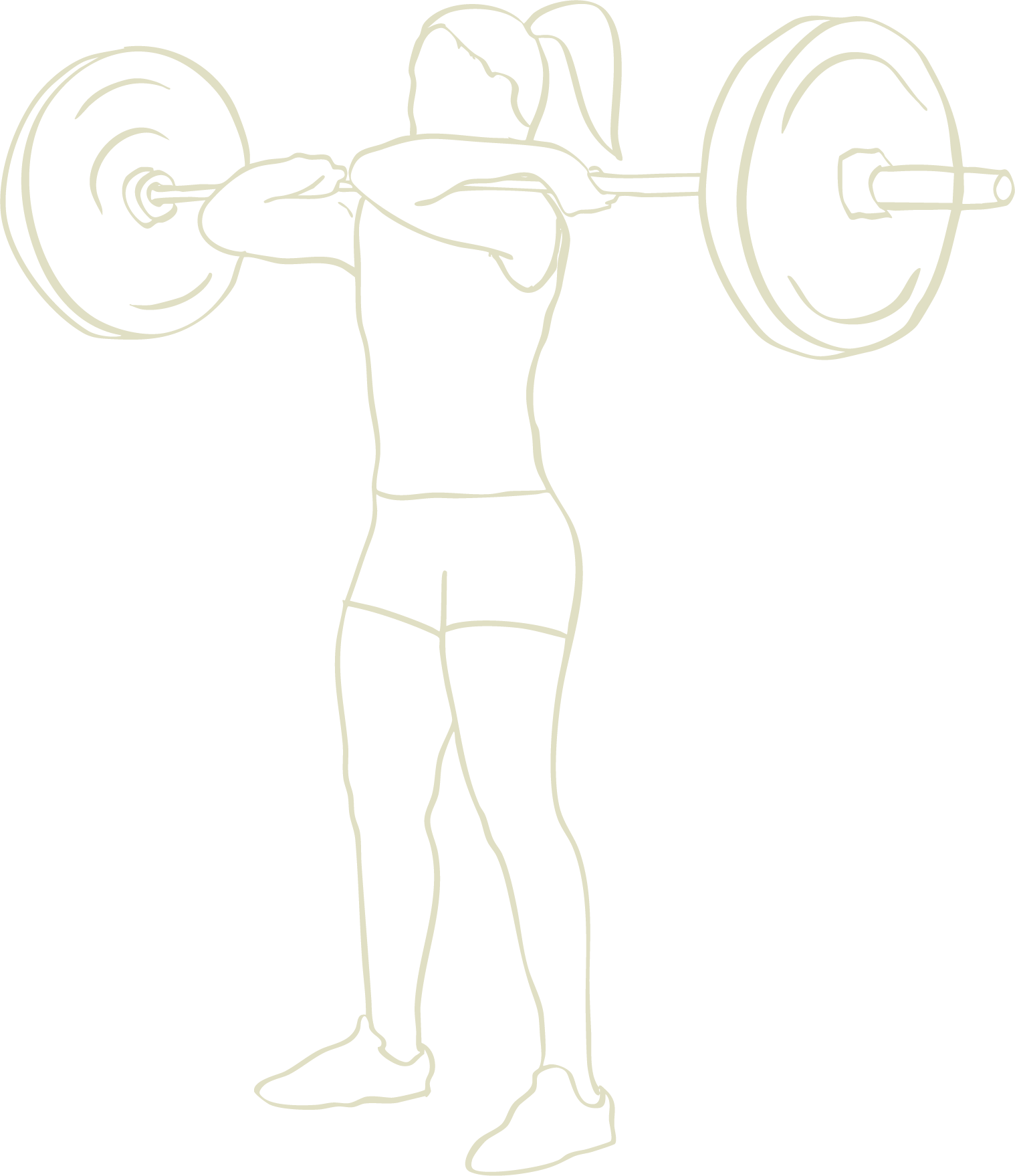 Outline drawing of a person lifting a barbell with weights on each end.