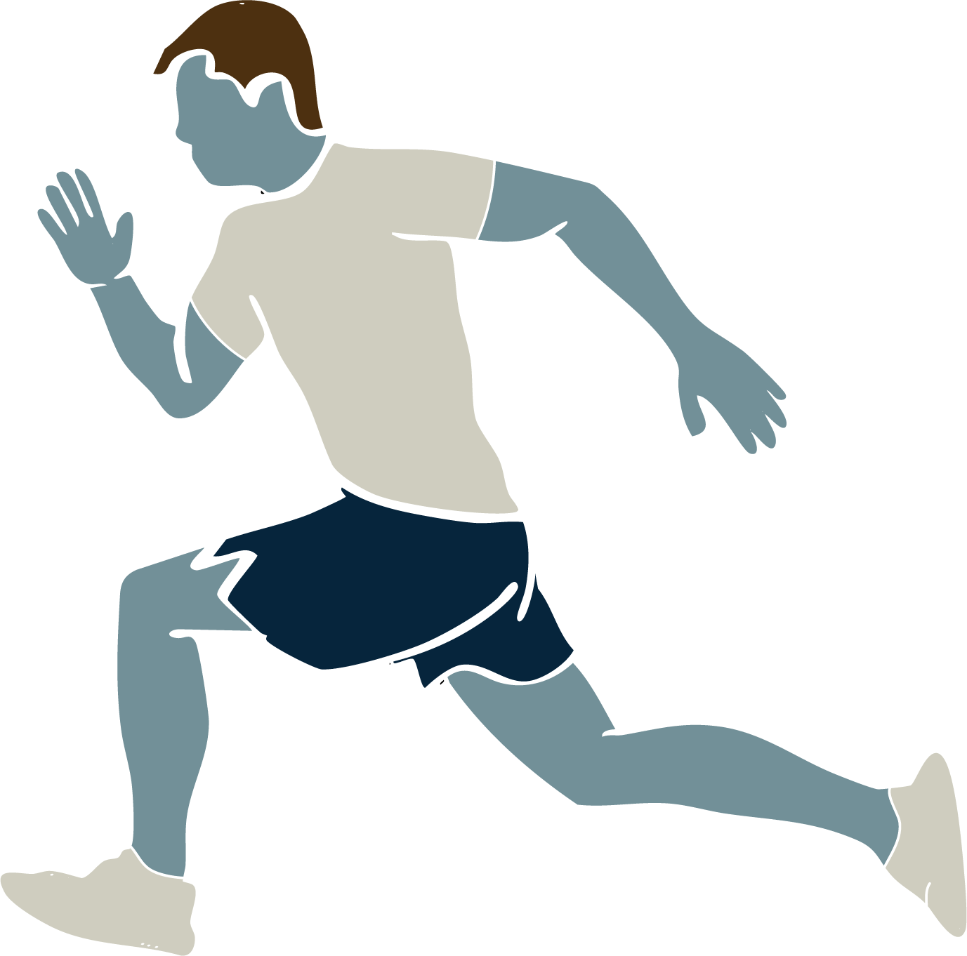A person running, wearing a beige t-shirt, blue shorts, and sneakers, in a forward-leaning pose.