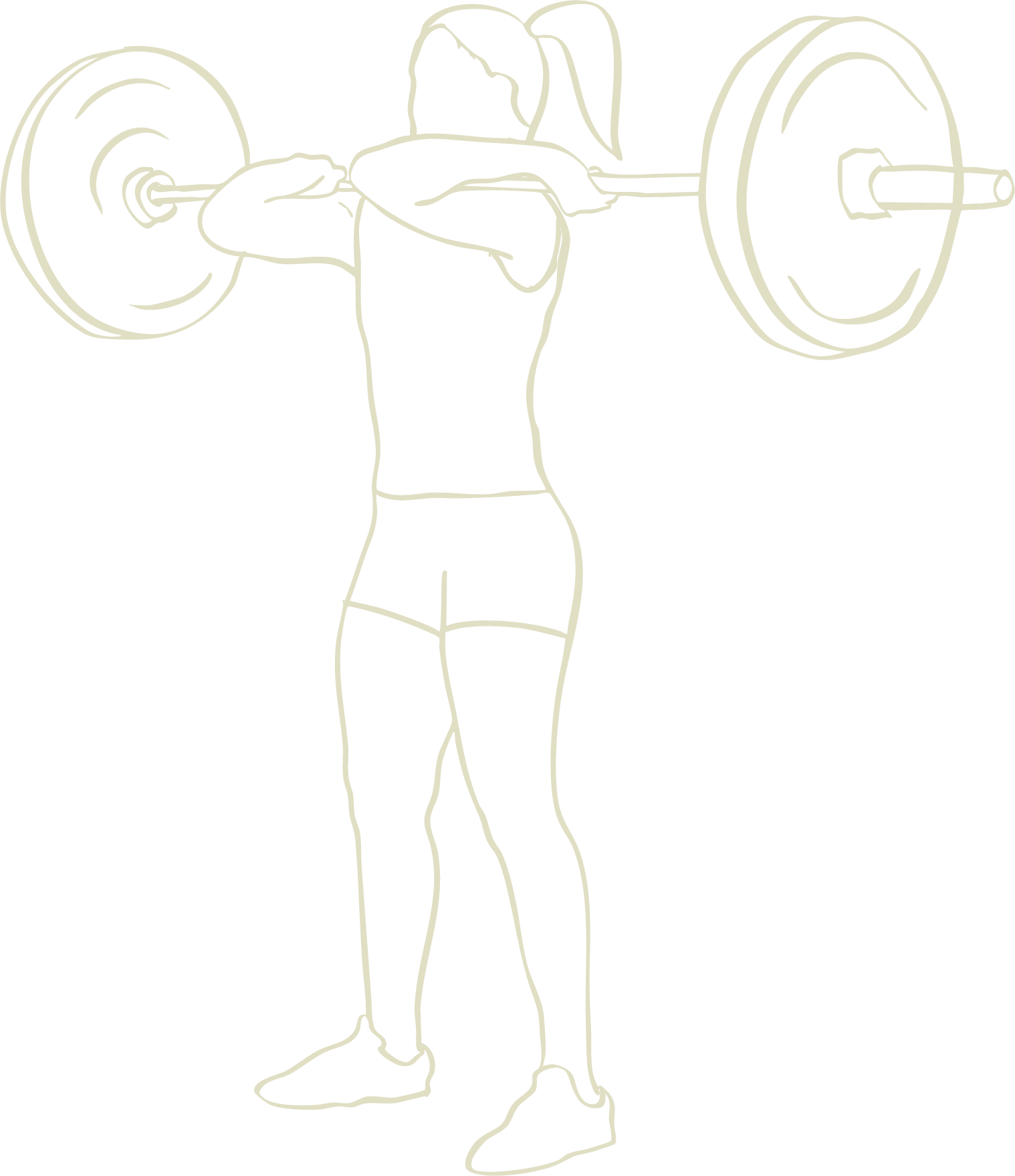 Line drawing of a person lifting a barbell overhead with both arms, standing with feet apart, wearing athletic shorts and a tank top.