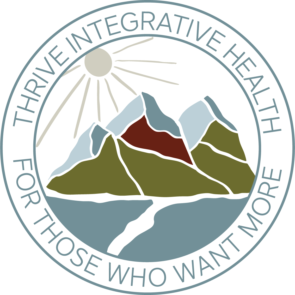 A mountain range with snow-capped peaks, a sun with rays shining, and a body of water with a boat in the foreground. The circular logo includes the text "THRIVE INTEGRATIVE HEALTH FOR THOSE WHO WANT MORE."