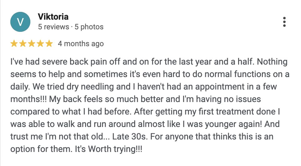 Screenshot of a Google review from Viktoria praising a back pain treatment, mentioning significant improvement and recommending it for others.