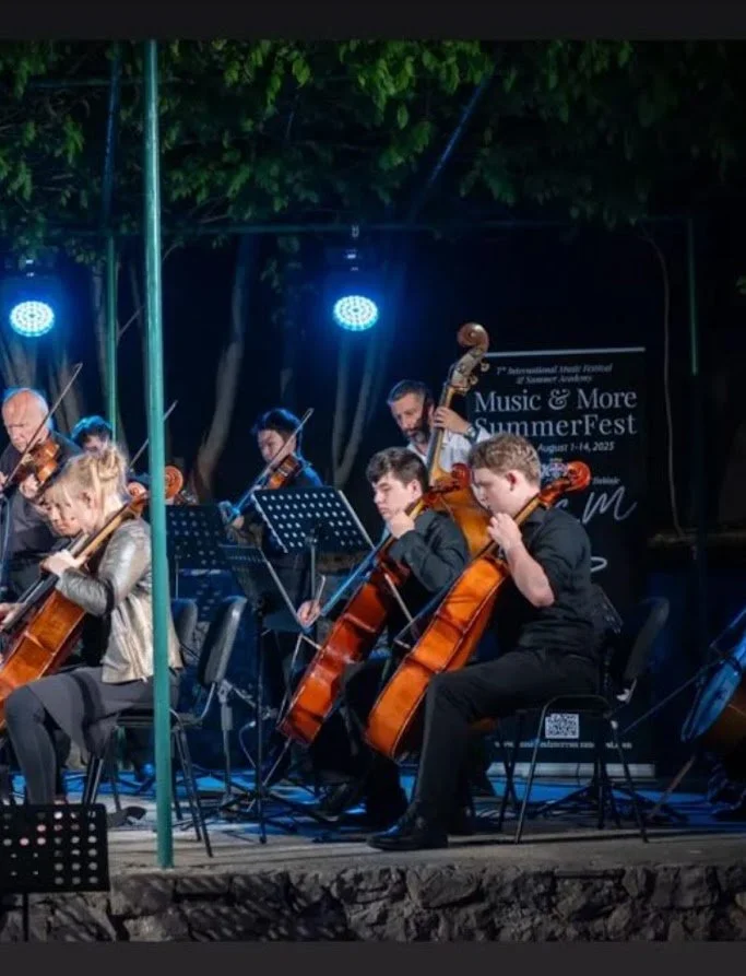 Orchestra performing outdoors at night during a summer festival, with musicians playing violins and cellos under blue stage lights.