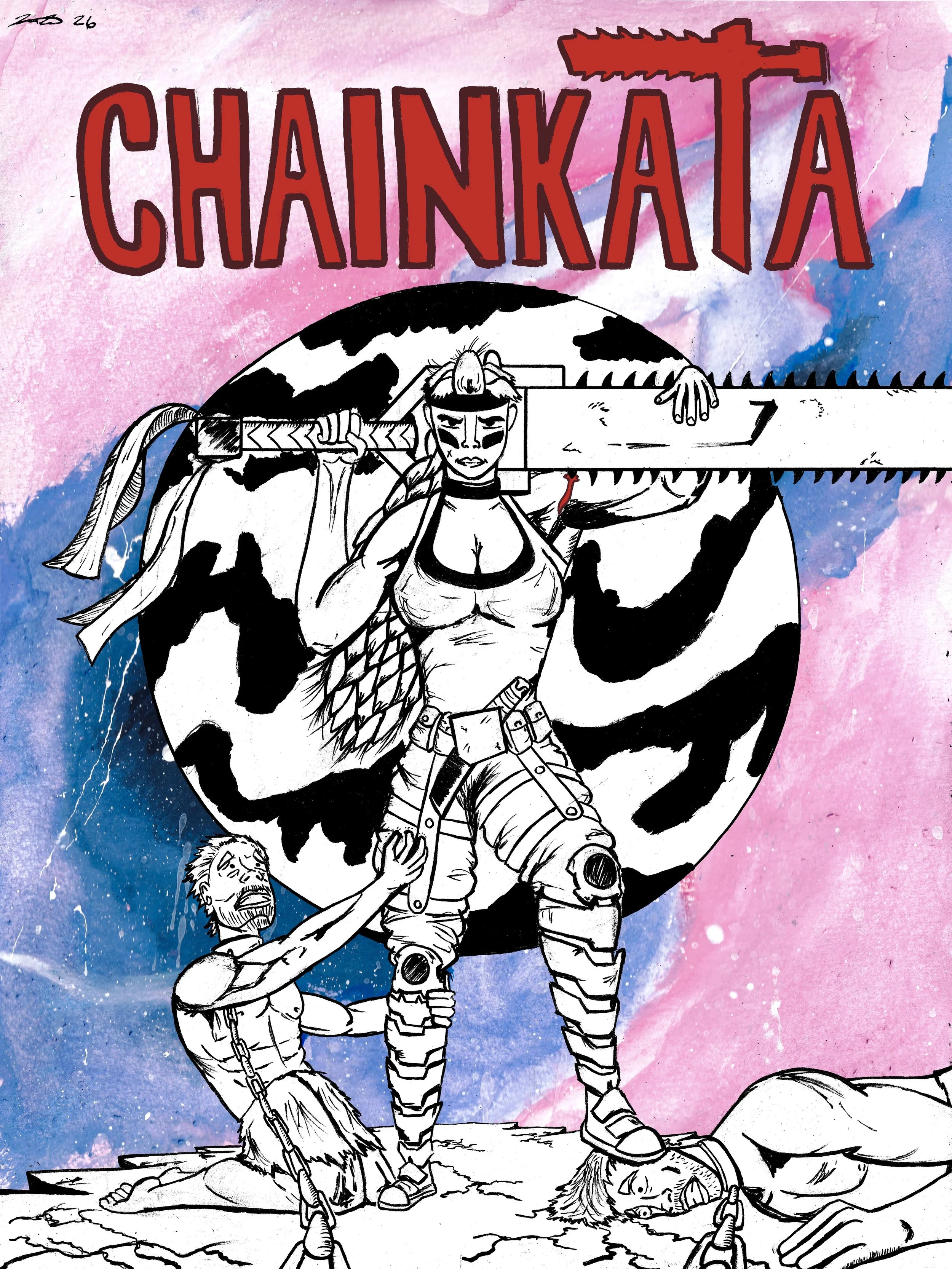 Chainkata Fanart. Traditional Inks with Watercolor Background