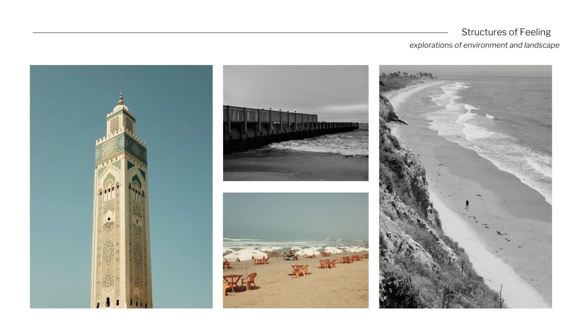 A collage of four beach and seaside scenes, including a tower with a minaret, a pier extending into the ocean, a beach with umbrellas and chairs, and a rocky coastline with a single person walking along the shore.