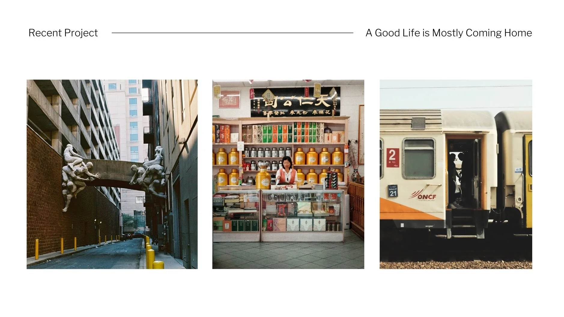 A collage of three photos. The first photo shows an alley between tall buildings with sculptures of children on a bridge. The second photo shows a woman behind a counter in a store with shelves of tea and herbs. The third photo shows a train car at a